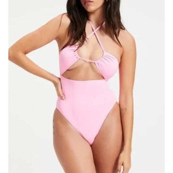 Good American Swimsuit sz 7 USA 4XL Sugar Pink Halter Cut Out One Piece Swim NEW - Picture 1 of 9